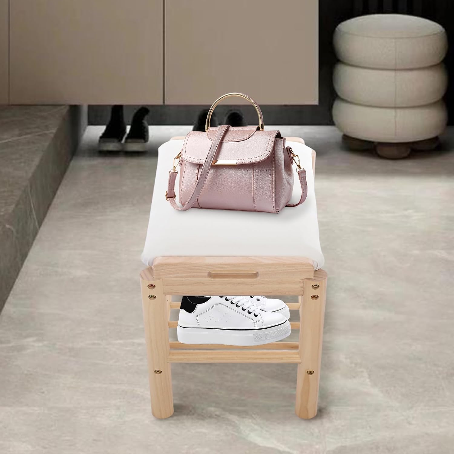 Shoe Bench with Cushion, 2-Tier Bamboo Shoe Rack Bench, Entryway Shoe Storage Organizer with Compartment, Wooden Shoe Storage Bench for Hallway, Living Room, Closet, Bedroom (Burlywood)