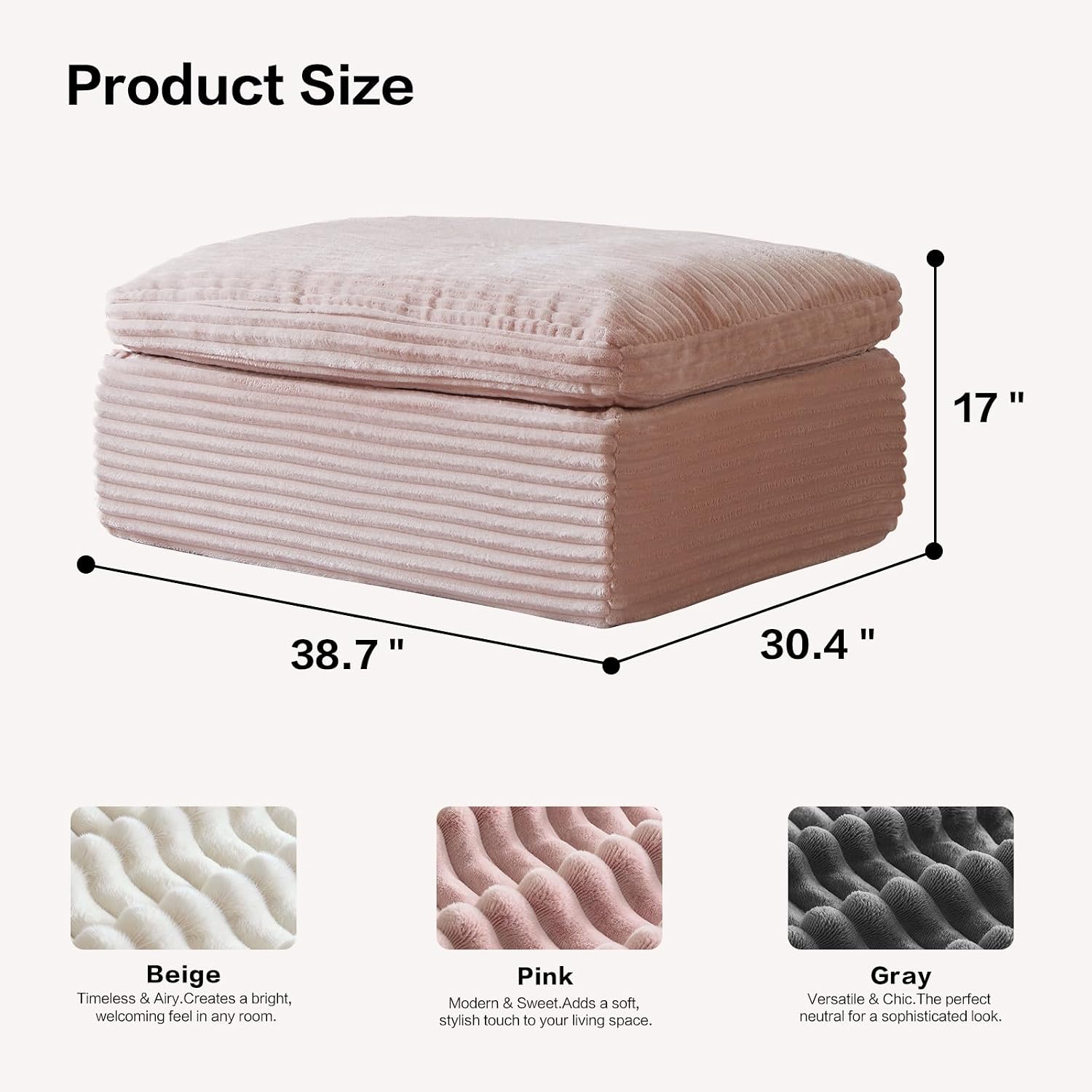 38.7" Plush Corduroy Ottoman, Upholstered Cloud Ottoman for Couch in a Box,Oversize Poufs for Living Room & Bedroom Sofa Ottomans,Comfy Seating with Dense Foam Padding,Pink
