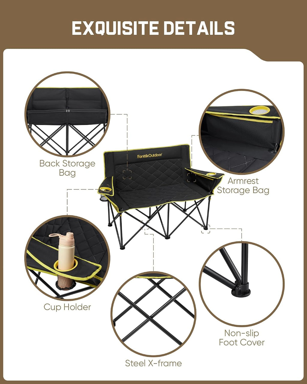 FanttikOutdoor Zeta L11 Duo Pro Double Camping Chair, 2 Person Portable Folding Couch, High Strength Loveseat with Cup Holder & Carry Bag for Travel, Games, BBQ, Backyard, Support up to 600 lbs, Black