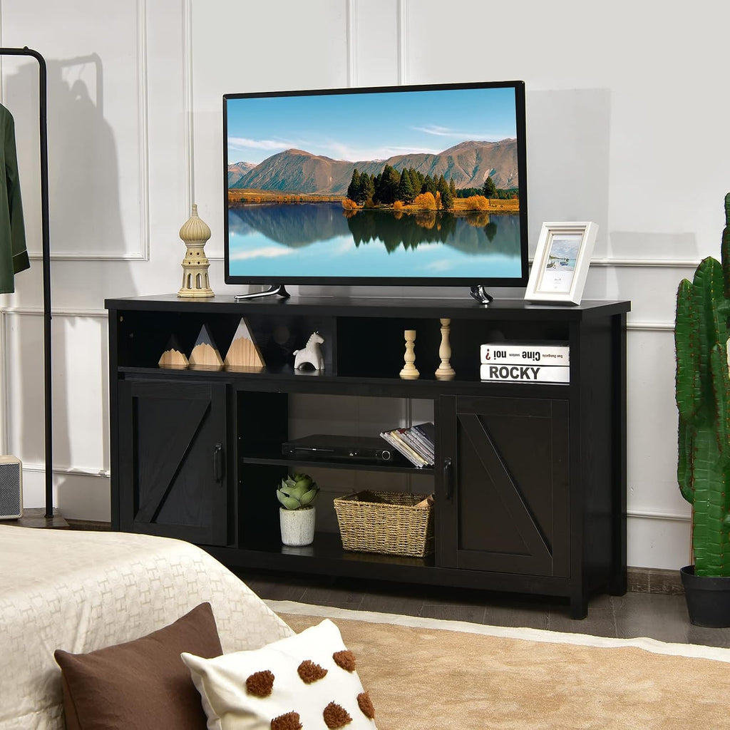 Tangkula Modern Farmhouse TV Stand, 59-Inch Storage Cabinet for TVs Up to 65 Inches, Double Barn Doors, Adjustable Shelves, Wood Entertainment Center Console Table for Living Room (Black)