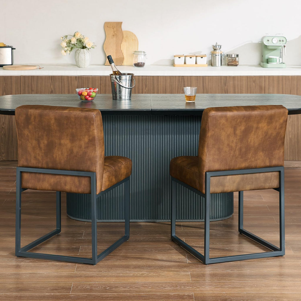 GrandNoor Coffee Faux Leather Dining Chairs Set of 4, Mid-Century Modern Dining Room Chairs with Armless, Checkered Kitchen Chair with Metal Legs