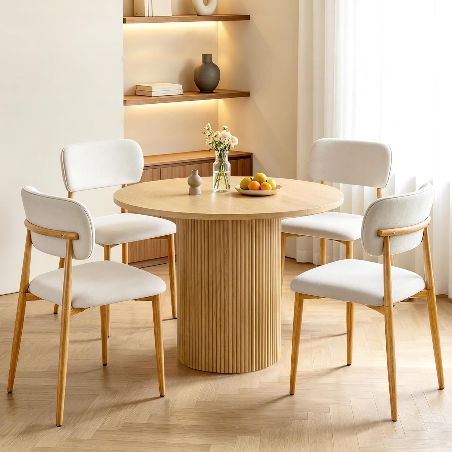 weselon Mid-Century Modern Dining Chairs Set of 4, Upholstered Velvet Dining Room Chairs with Ergonomic Curved Backrest, Wood Grain Metal Frame with Adjustable Feet (Natural Frame+Gray White Seat, 4)