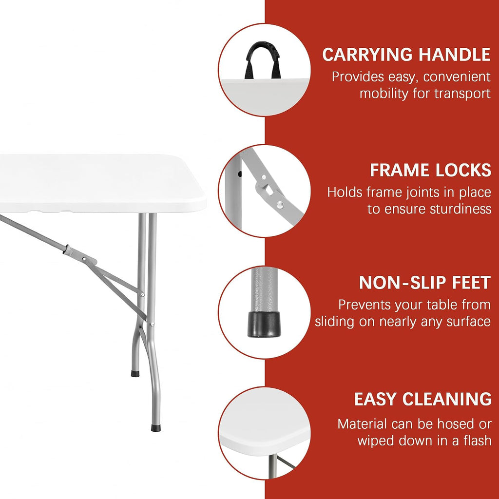 Elevon Folding Table, 6 Feet Heavy Duty Fold-in-Half Utility Table Indoor Outdoor for Camping, Picnic, Party