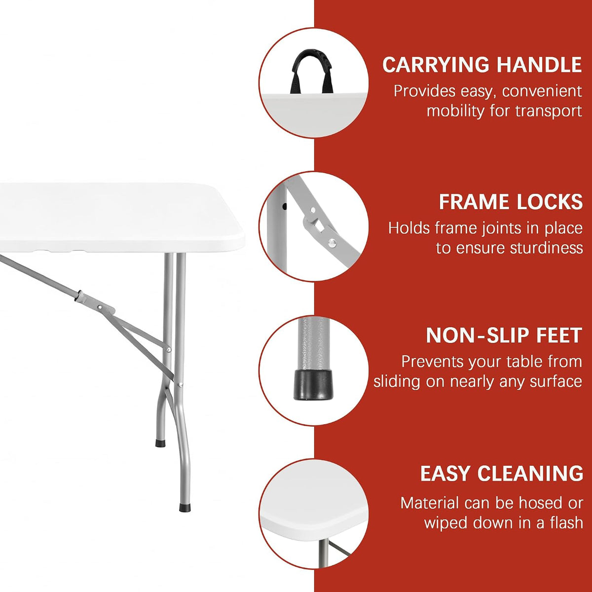 Elevon Folding Table, 6 Feet Heavy Duty Fold-in-Half Utility Table Indoor Outdoor for Camping, Picnic, Party