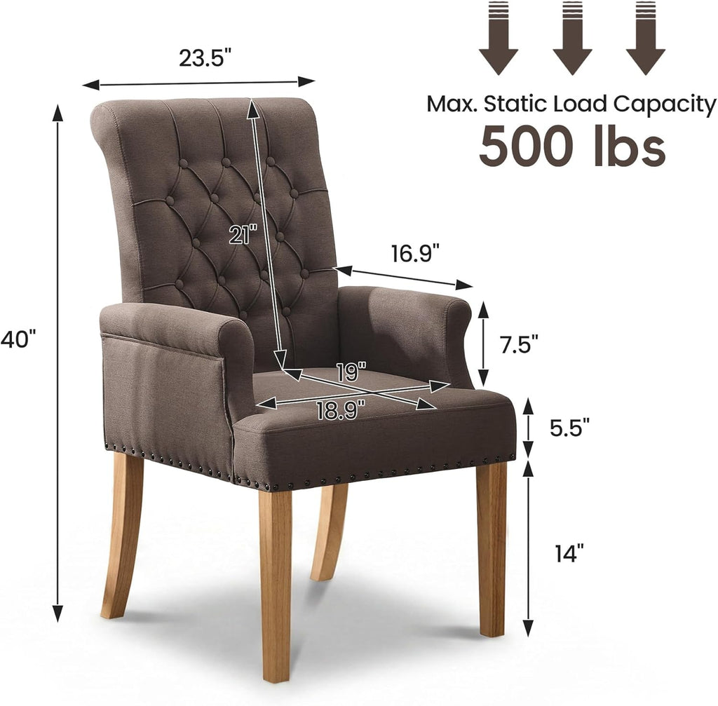 Upholstered Dining Chairs, Modern Fabric Dining Room Chairs with Arms, Tufted High Back Armchair with Solid Wood Legs for Dining Living Room, Kitchen, Brown