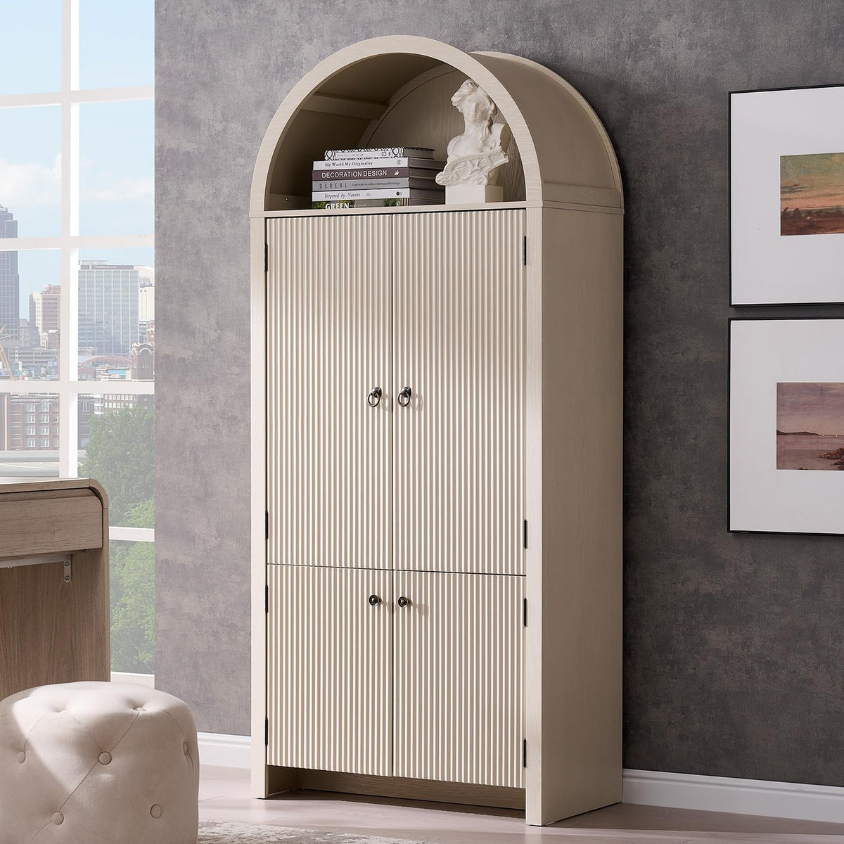 IFGET 71" Tall Arched Kitchen Pantry, Modern Fluted Wood Storage Cabinet with Doors, 3 Adjustable Shelves, 6 Door Shelves, Organizer, Versatile Cupboard for Kitchen, Bathroom, Cream