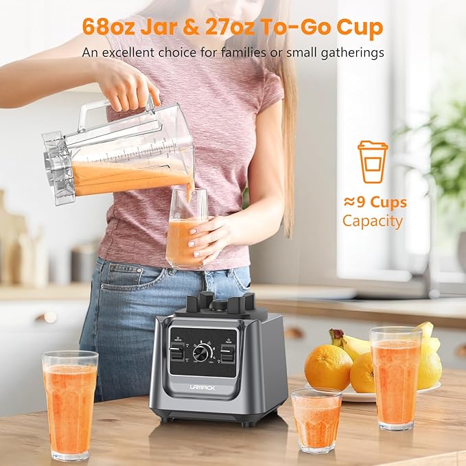 Blenders for Kitchen, 2000W Professional Grade High-Speed Countertop Blender with 68oz Pitcher & 27oz To-Go Cup for Smoothies, Ice, and Frozen Fruit, BPA-Free, Dishwasher Safe