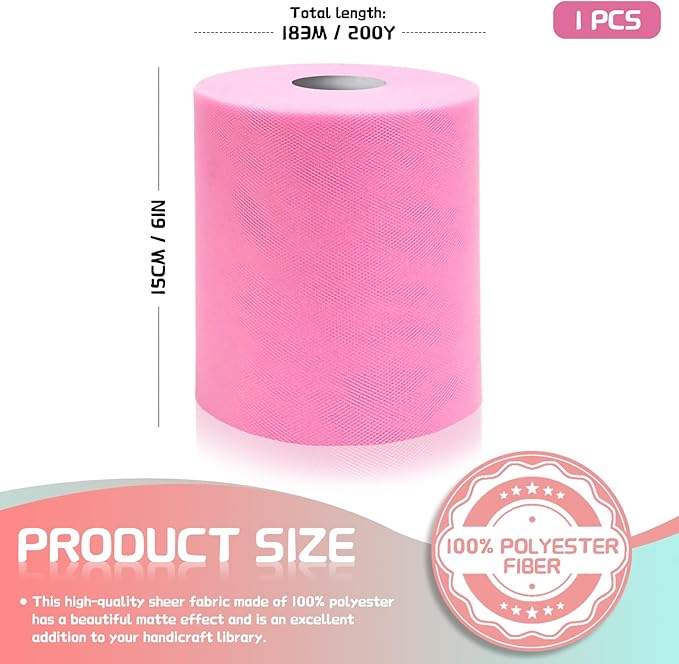 6" x 200 Yards Pink Tulle Fabric Rolls, Pink Spool Tulle Ribbon for DIY Tutu Skirt Wedding Decoration Baby Shower Birthday Party Backdrop Gift Wrapping Bow Craft Supplies