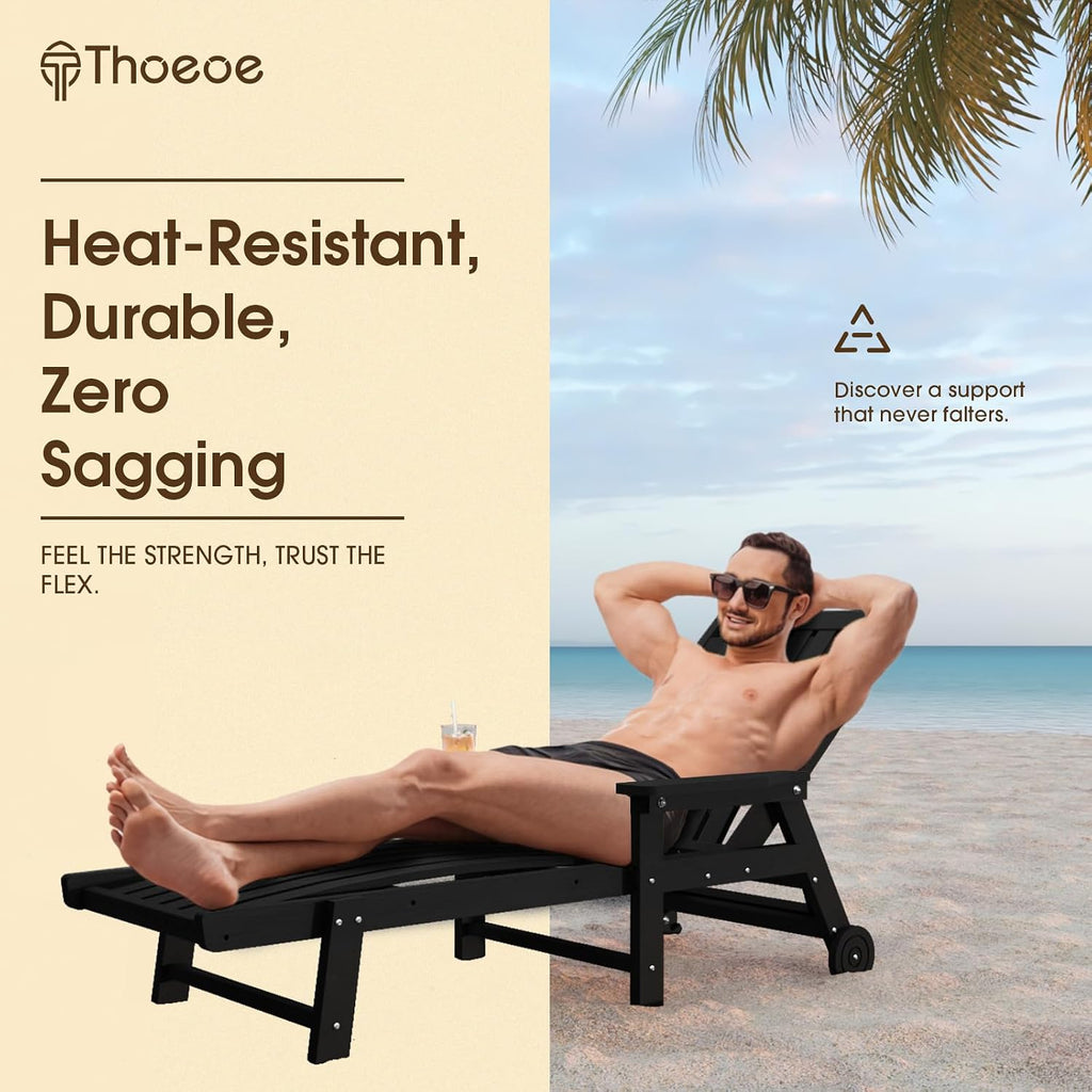 THOEOE Patio Chaise Lounge Chair,HDPE Lounge Chair Outdoor with Wheels | Oversized pool lounge chairs with cup holder, 5 adjustable position for patio,outside,pool,deck