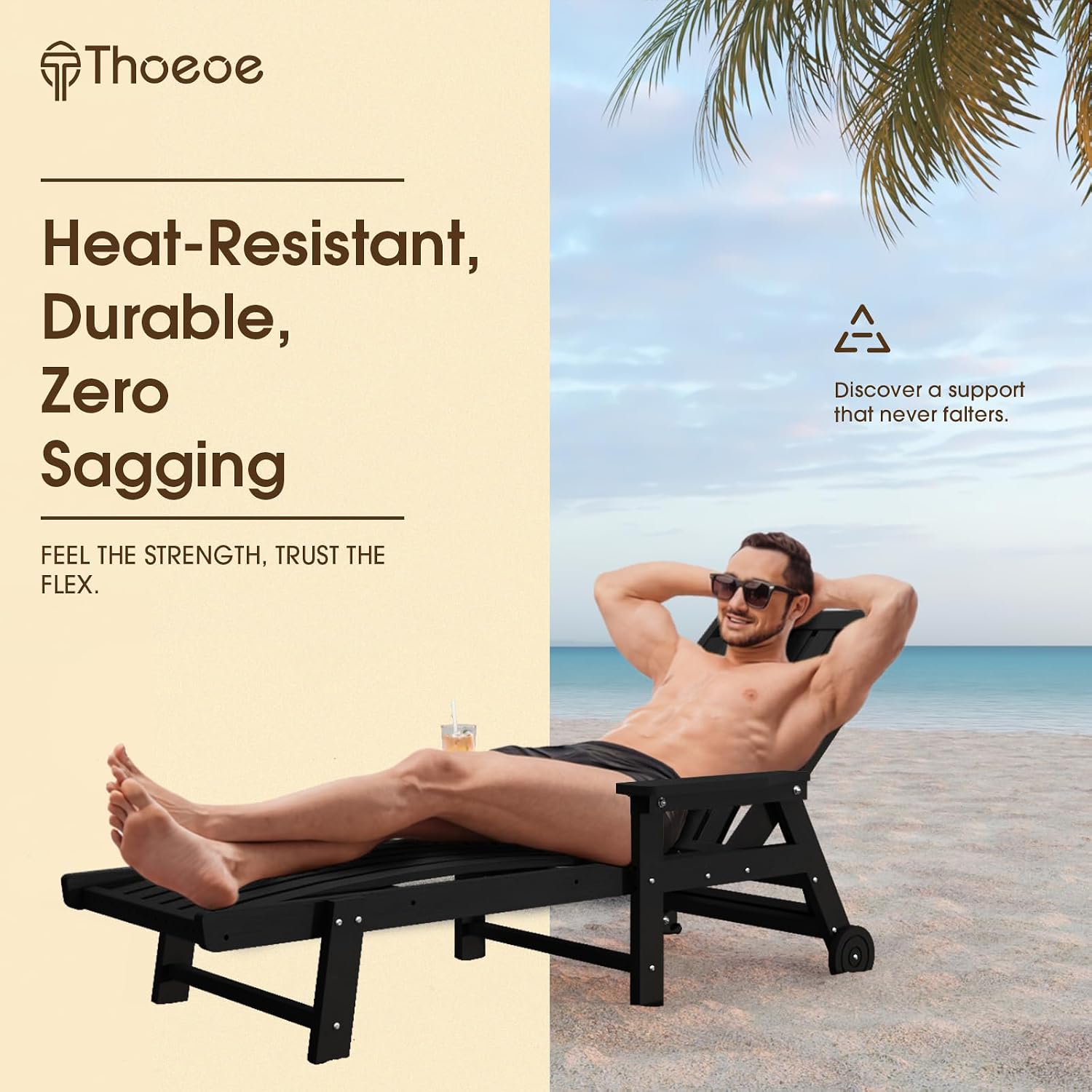 THOEOE Patio Chaise Lounge Chair,HDPE Lounge Chair Outdoor with Wheels | Oversized pool lounge chairs with cup holder, 5 adjustable position for patio,outside,pool,deck