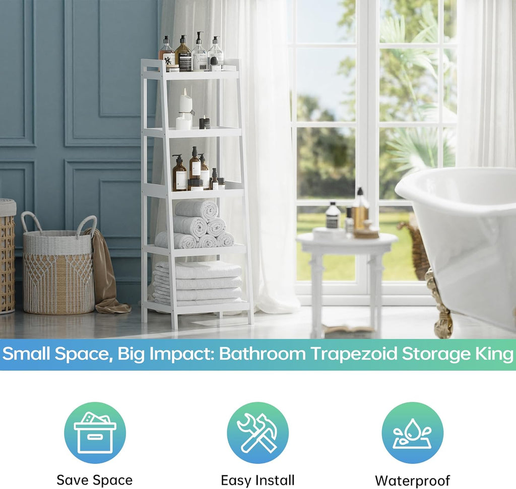 Bamboo Ladder Bookcase 5-Tier Freestanding Shelf, Bathroom Storage Rack & Plant Display Stand, Space Saver Organizer for Bedroom Kitchen Balcony, White, 50" H
