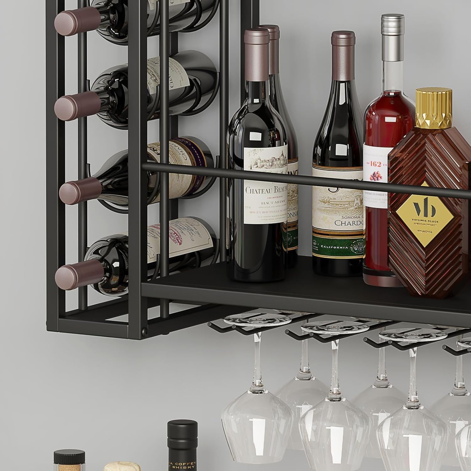 Wall Mounted Wine Rack with Glass Holder, 40" W x 9.8" D x 21.6" H | Hanging Floating Bar Liquor Shelves, Metal Bottle Holder Wine Storage Display Shelf for Home Bar Dining Room Kitchen