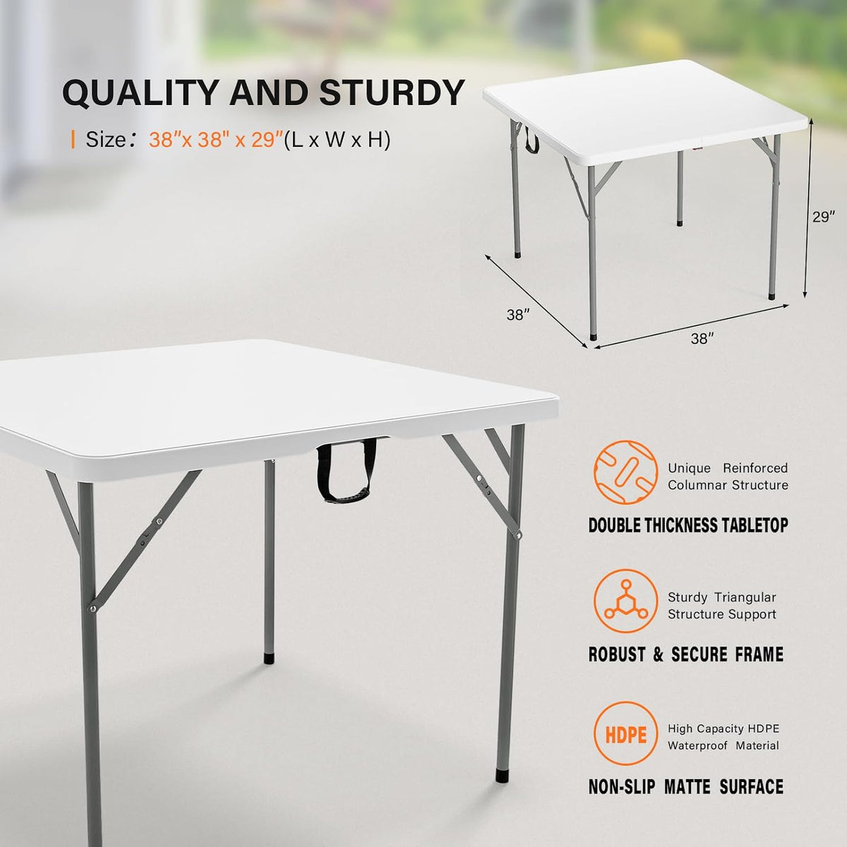 VINGLI 38" Fold in Half Square Table, Bi-Folding Commercial Portable Plastic Dining Table for Kitchen Outdoor Party Wedding Event, White