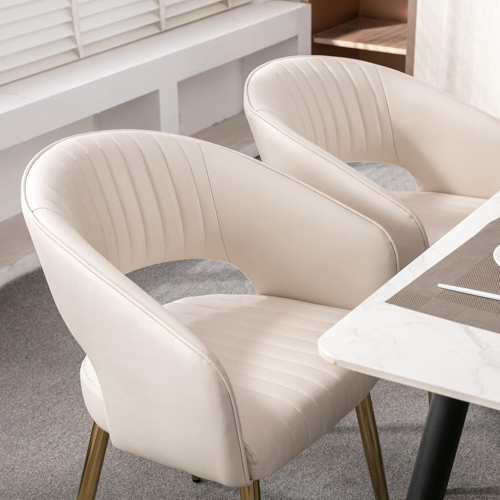 Modern Dining Chairs Set of 4, Upholstered PU Leather Dining Room Chairs with Gold Metal Legs, Accent Kitchen Chairs with Curved Backrest for Living Room, Cream