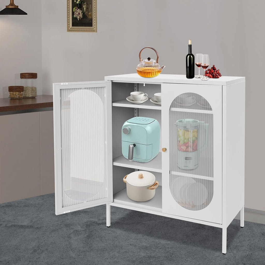 Accent Cabinet with Glass Doors – 3 Tier Storage, Modern Coffee Bar Station Pantry Cupboard Accent Cabinet for Kitchen Living Room Bedroom Bathroom, 31.5"x15.8"x40"(Creamy White)