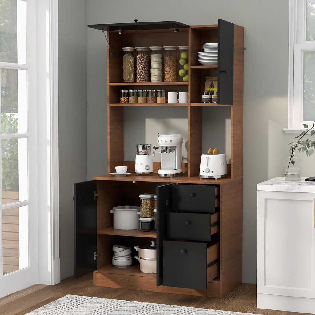 71" Large Kitchen Pantry Cabinet with Microwave Shelf, Wooden Tall Pantry Hutch with 3 Drawers, Adjustable Shelves, Farmhouse Kitchen Hutch Storage Cabinet for Dining Room (Walnut)
