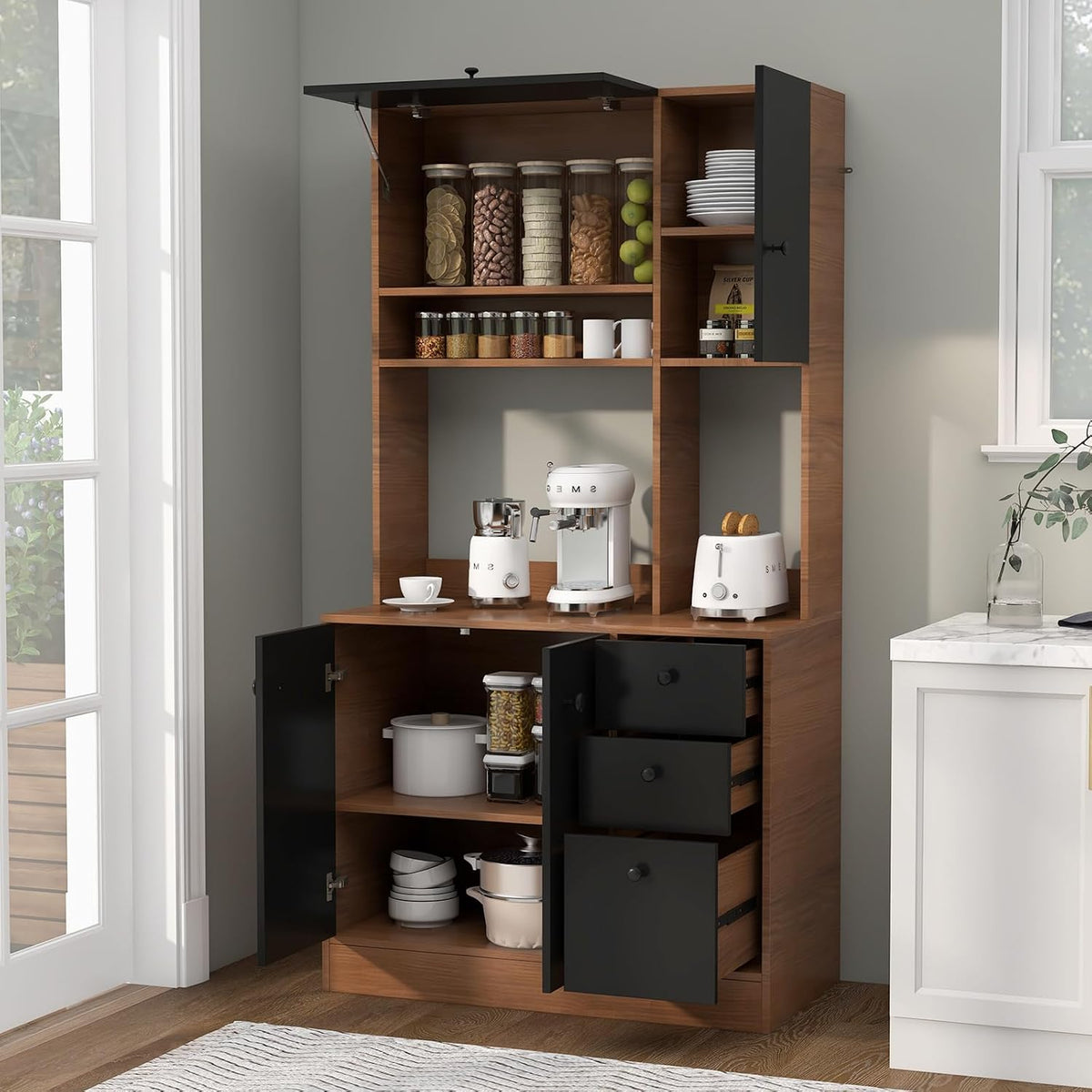 71" Large Kitchen Pantry Cabinet with Microwave Shelf, Wooden Tall Pantry Hutch with 3 Drawers, Adjustable Shelves, Farmhouse Kitchen Hutch Storage Cabinet for Dining Room (Walnut)