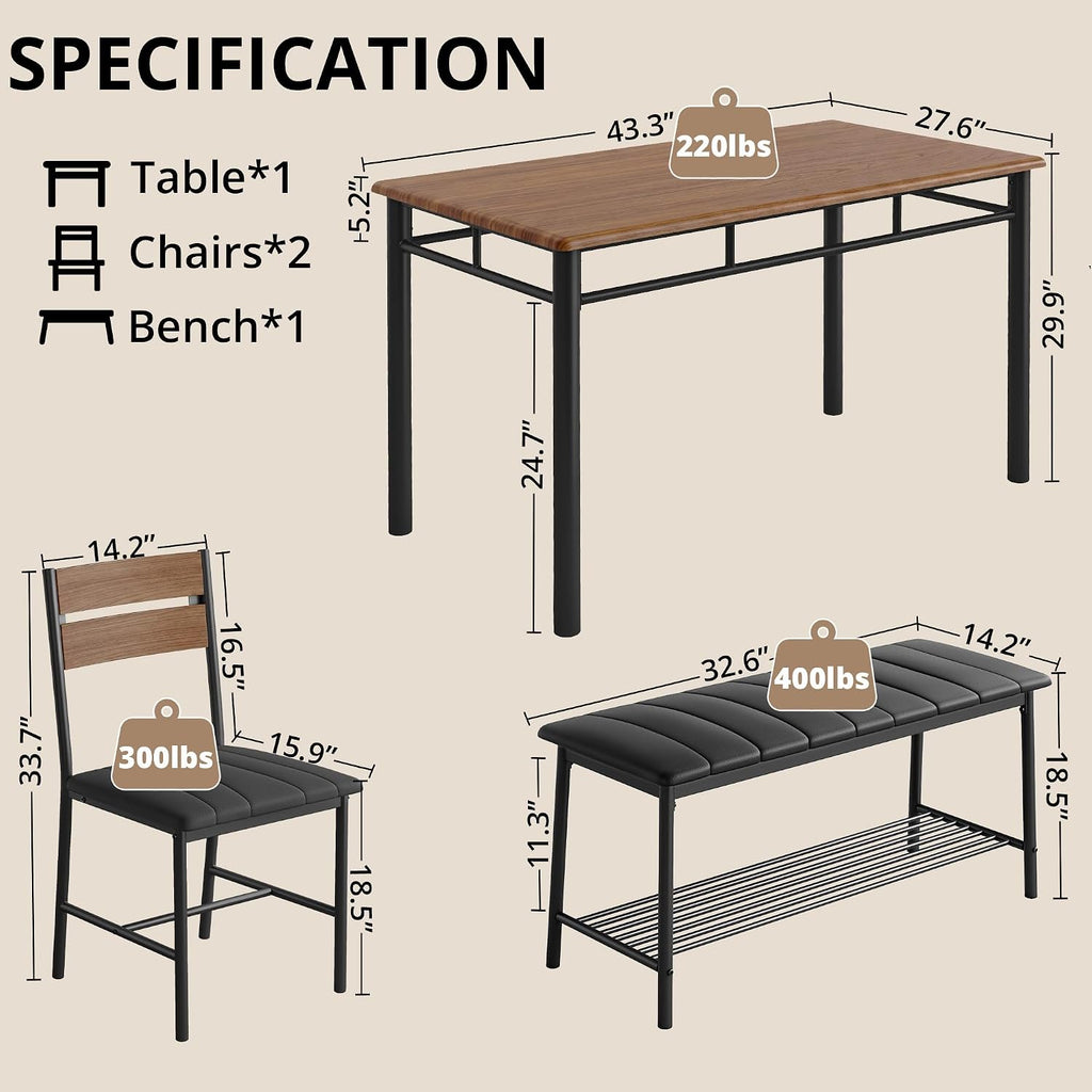 IRONCK Dining Table Set for 4, Kitchen Table with Upholstered Bench and 2 Chairs, Kitchen Table and Chairs Set for Small Space, Apartment, Walnut