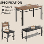 IRONCK Dining Table Set for 4, Kitchen Table with Upholstered Bench and 2 Chairs, Kitchen Table and Chairs Set for Small Space, Apartment, Walnut