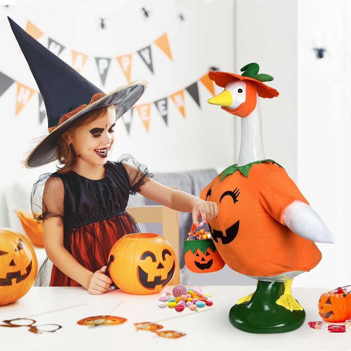 Pumpkin Goose Outfit, 23-inch Halloween Porch Goose Outfit. Cute Goose Clothes for Outdoor Garden Yard Decor