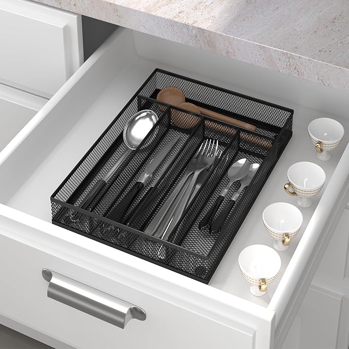 Silverware Organizer Metal Mesh, Small Drawer Organizer, Utensil Cutlery Tray for kitchen drawers, Flatware Organizer with 5 Compartment, Black(9.3"*12.6")