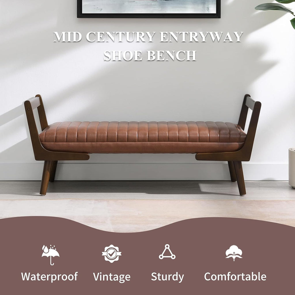 52" Rectangle Ottoman Bench, PU Leather Upholstered Dining Table Bench with Tufted Design, Mid Century Entryway Shoe Bench with Walnut Stain Finish, Long Footstool for Bedroom (Cognac)