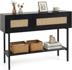 GOFLAME 40” Rattan Console Table, Narrow Long Entryway Table with Storage Shelf, 2 Flip Door Cabinets, Metal Frame, Boho, Farmhouse Behind Couch Sofa Tables for Living Room, Hallway (Black)