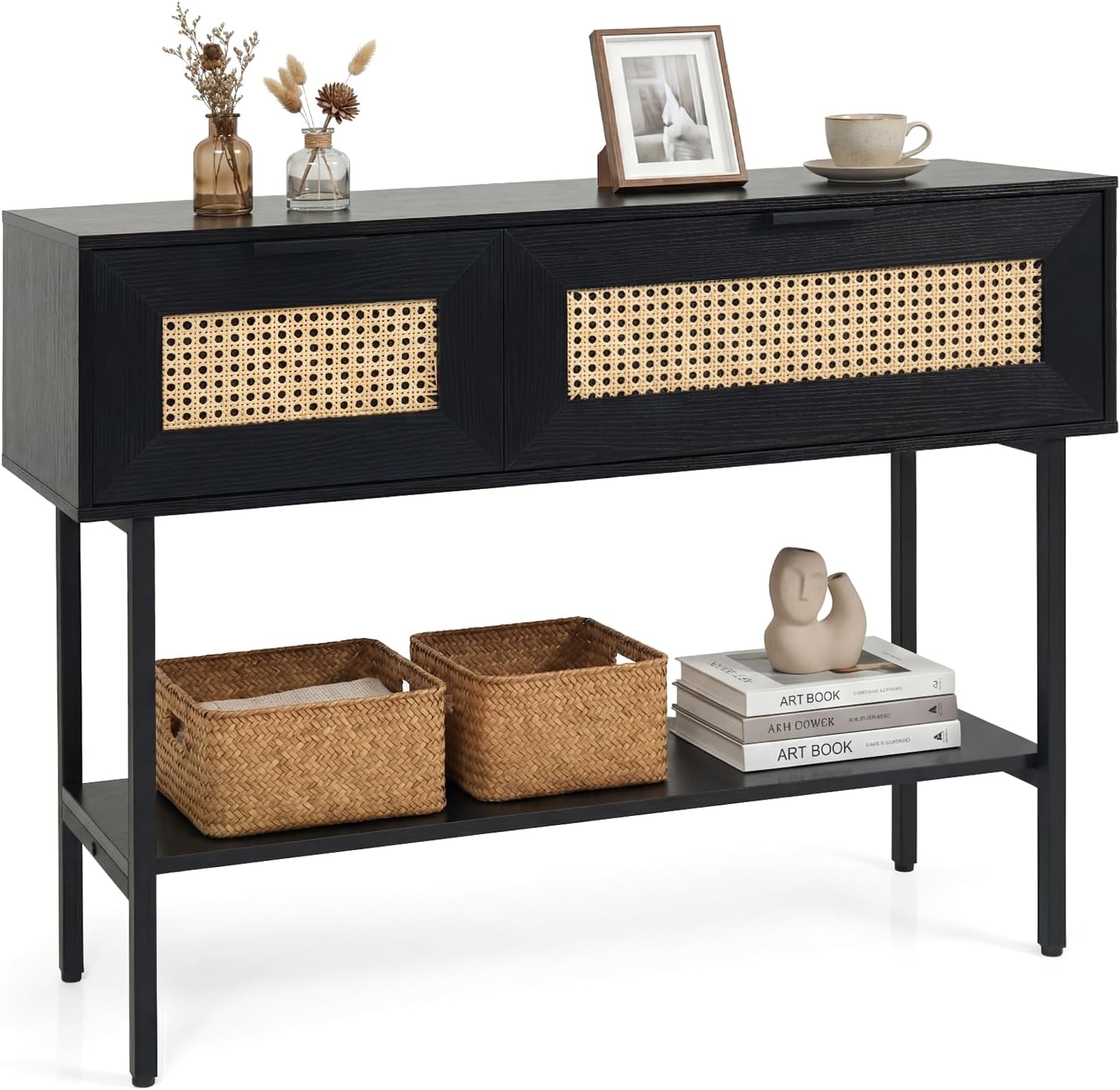 GOFLAME 40” Rattan Console Table, Narrow Long Entryway Table with Storage Shelf, 2 Flip Door Cabinets, Metal Frame, Boho, Farmhouse Behind Couch Sofa Tables for Living Room, Hallway (Black)