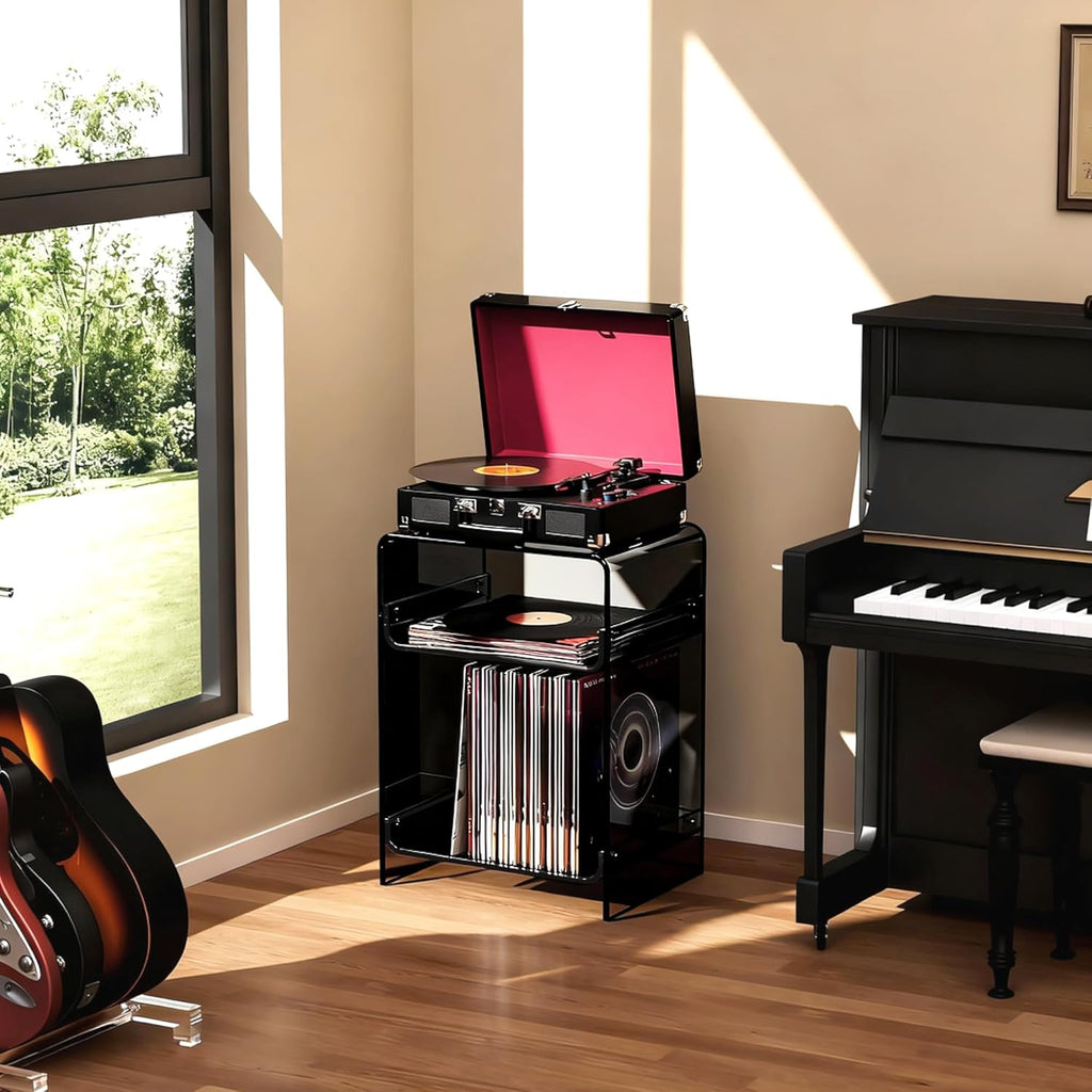 Acrylic Record Player Table with Storage Shelf, Clear Side Table Nightstand (Black, Medium)