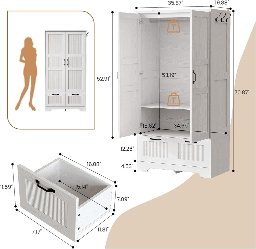 ANCTOR 71" Wooden Armoire Wardrobe Closet with 2 Drawers & Hanging Rod | Freestanding Clothing Storage Cabinet with 2 Doors and Shelves, White
