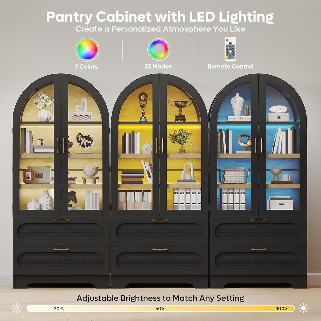 Bestier 71" Arched Kitchen Pantry Cabinet with LED Lights, 15.7" Deep Storage Cabinet with 3 Adjustable Shelves and 2 Drawers, Modern Farmhouse Cupboard for Living Room, Kitchen, Dining Room, Black