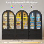 Bestier 71" Arched Kitchen Pantry Cabinet with LED Lights, 15.7" Deep Storage Cabinet with 3 Adjustable Shelves and 2 Drawers, Modern Farmhouse Cupboard for Living Room, Kitchen, Dining Room, Black