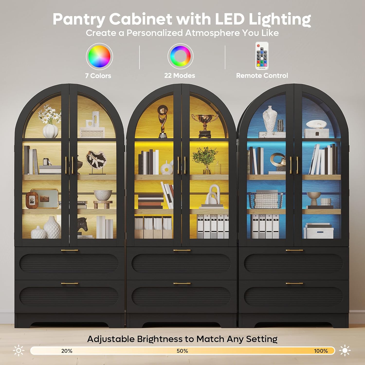 Bestier 71" Arched Kitchen Pantry Cabinet with LED Lights, 15.7" Deep Storage Cabinet with 3 Adjustable Shelves and 2 Drawers, Modern Farmhouse Cupboard for Living Room, Kitchen, Dining Room, Black