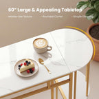 COSTWAY Bar Table Set for 2 with Storage Shelves, 60" Dining Table & 2 Upholstered Barstools with Faux Marble Tabletop, 3-Piece Bar Height Dining Set for Kitchen, Small Space (Golden & White)