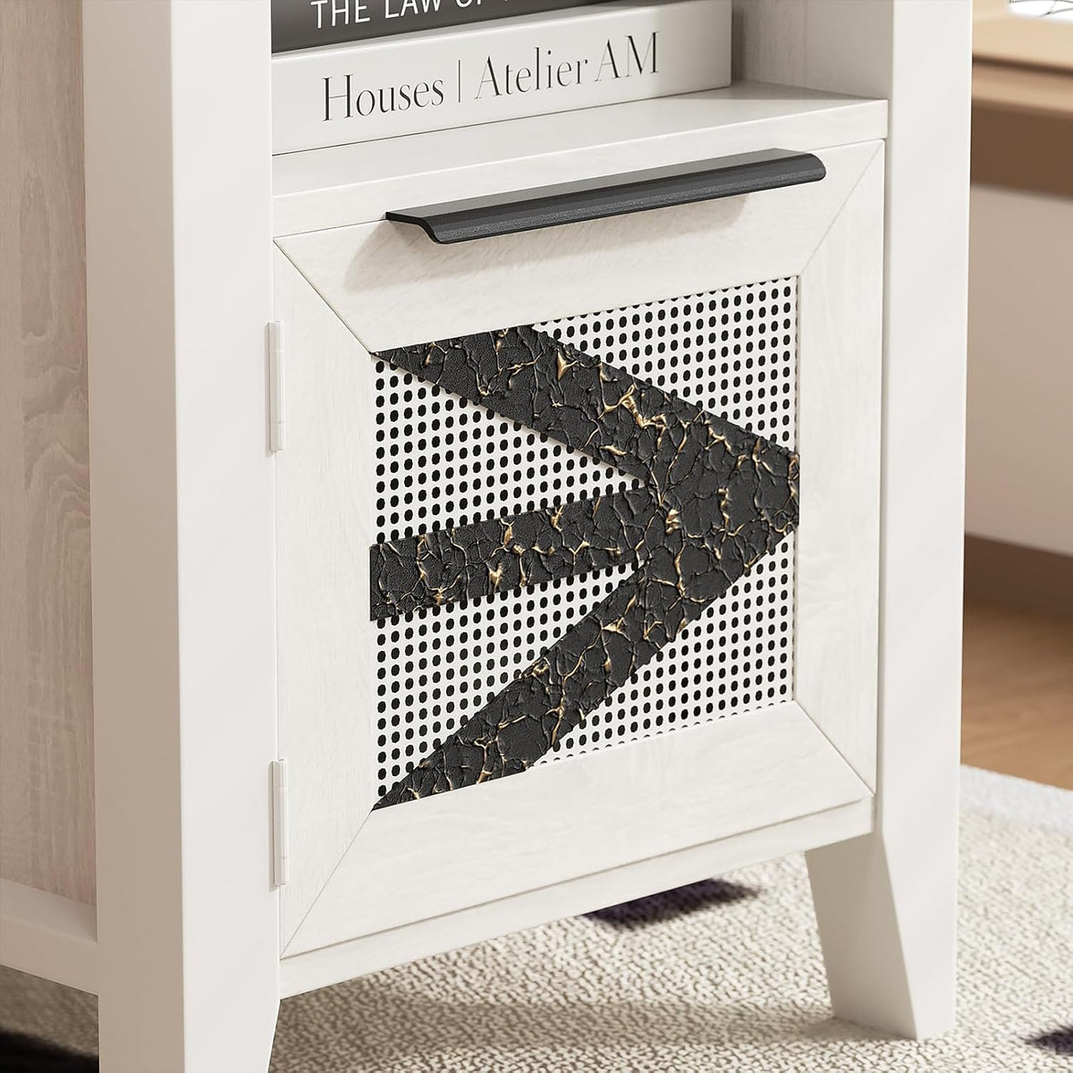 VFK Farmhouse End Table with Charging Station, 18.1" Narrow Side Table for Living Room, Sofa End Table with Storage Cabinet & Open Shelf, Nightstand with 2 USB Ports and 2 AC Outlets