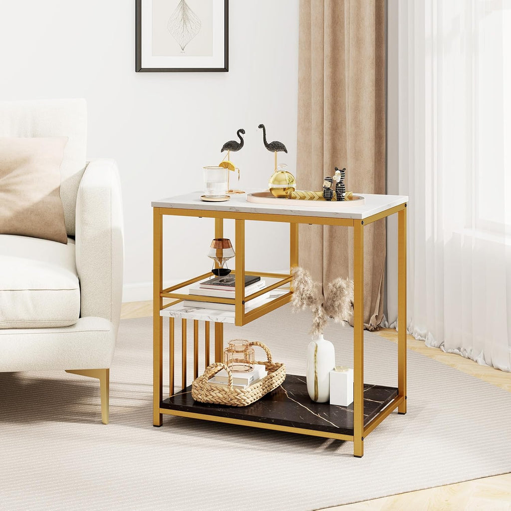 GOFLAME Faux Marble End Table, 3-Tier Sofa Side Table with Storage Shelves, Golden Polished Steel Frame, Black & White Faux Marble, Rectangular, Modern Nightstand for Living Room, Bedroom