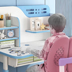 Kids Functional Desk and Chair Set, Ergonomic Height Adjustable Children School Study Desk with Storage, Book Stand, Metal Hook and Drawer for Boys Girls (Blue)