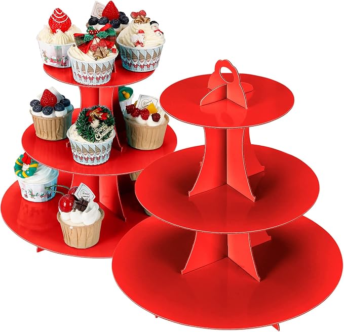 2Pcs 3-Tier Cupcake Stand, Cake Stand holder, Tiered DIY Cupcake Stand Tower for Dessert Table Displays, Birthday Theme Party Favors Decoration, Floral Tea Party, 12" W x 12.8" H, Red