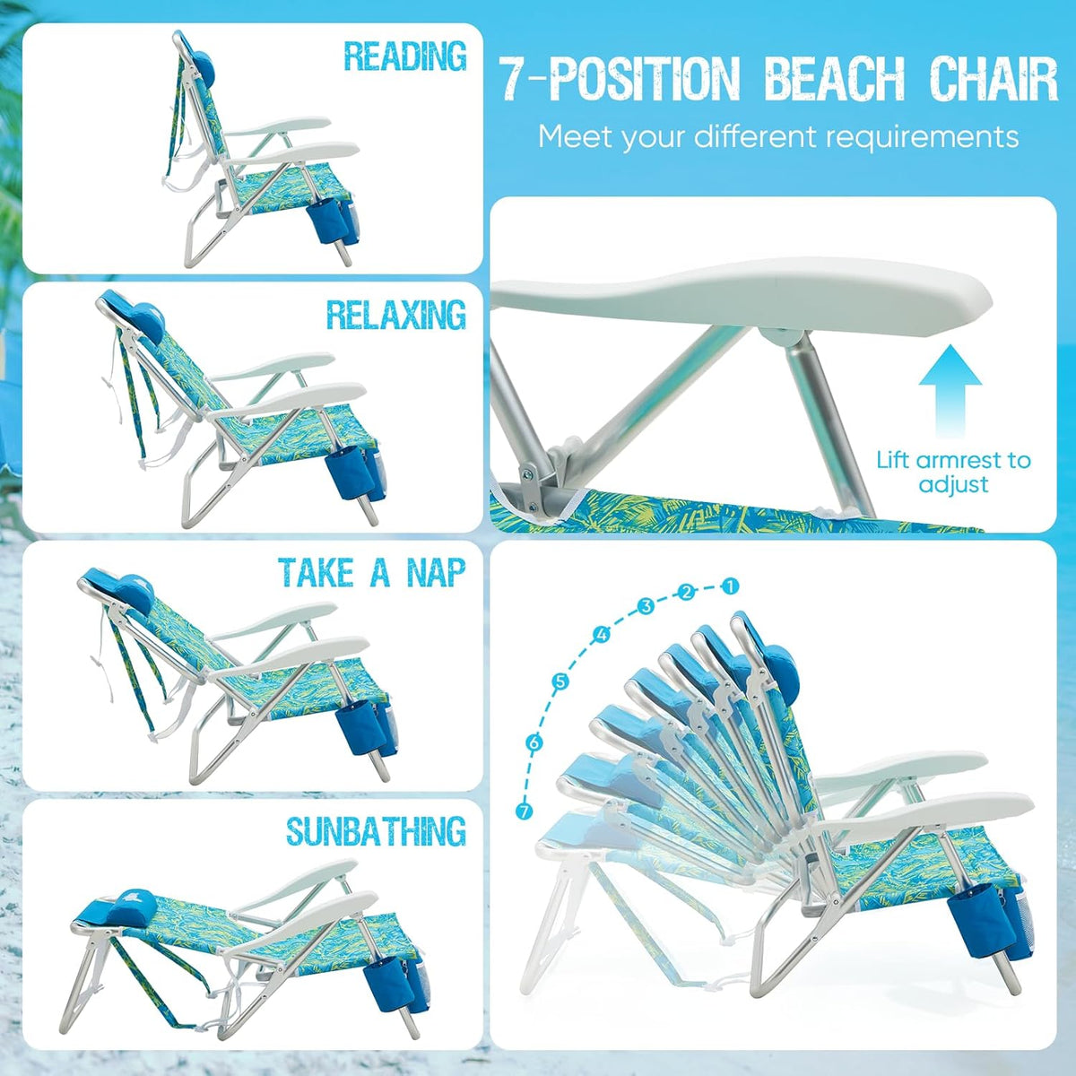 Old Bahama Bay Beach Chairs for Adults, 7-Position Classic Lay Flat Beach Chair Reclining Beach Chair, Portable Aluminum Backpack Beach Chair with Towel Bar & Cooler Bag