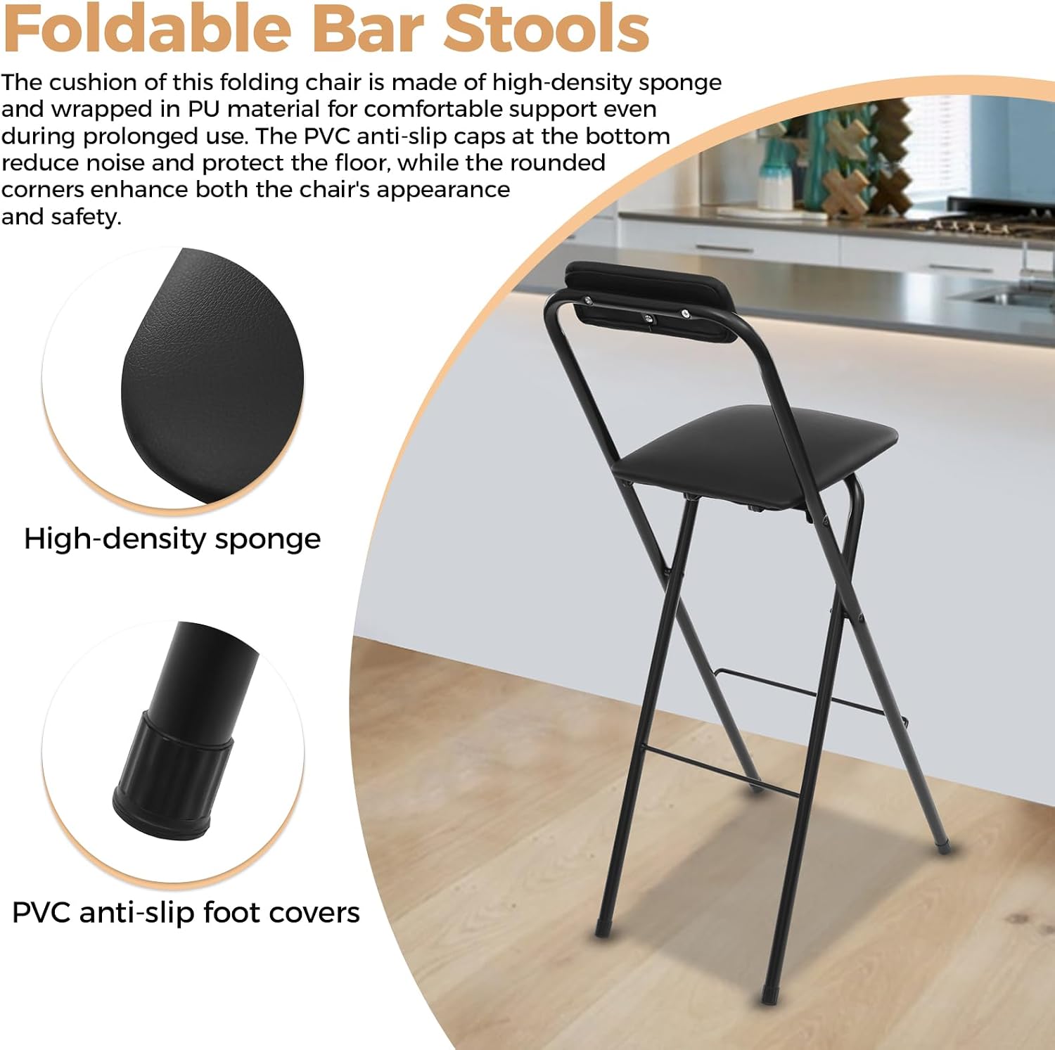 Folding Stool, Cushioned Padded Folding Stool Portable Bar Stool with Back for Camping Kitchen Home Office, Tall Bar Collapsible Stools (Black, 1Pcs 27.56in)