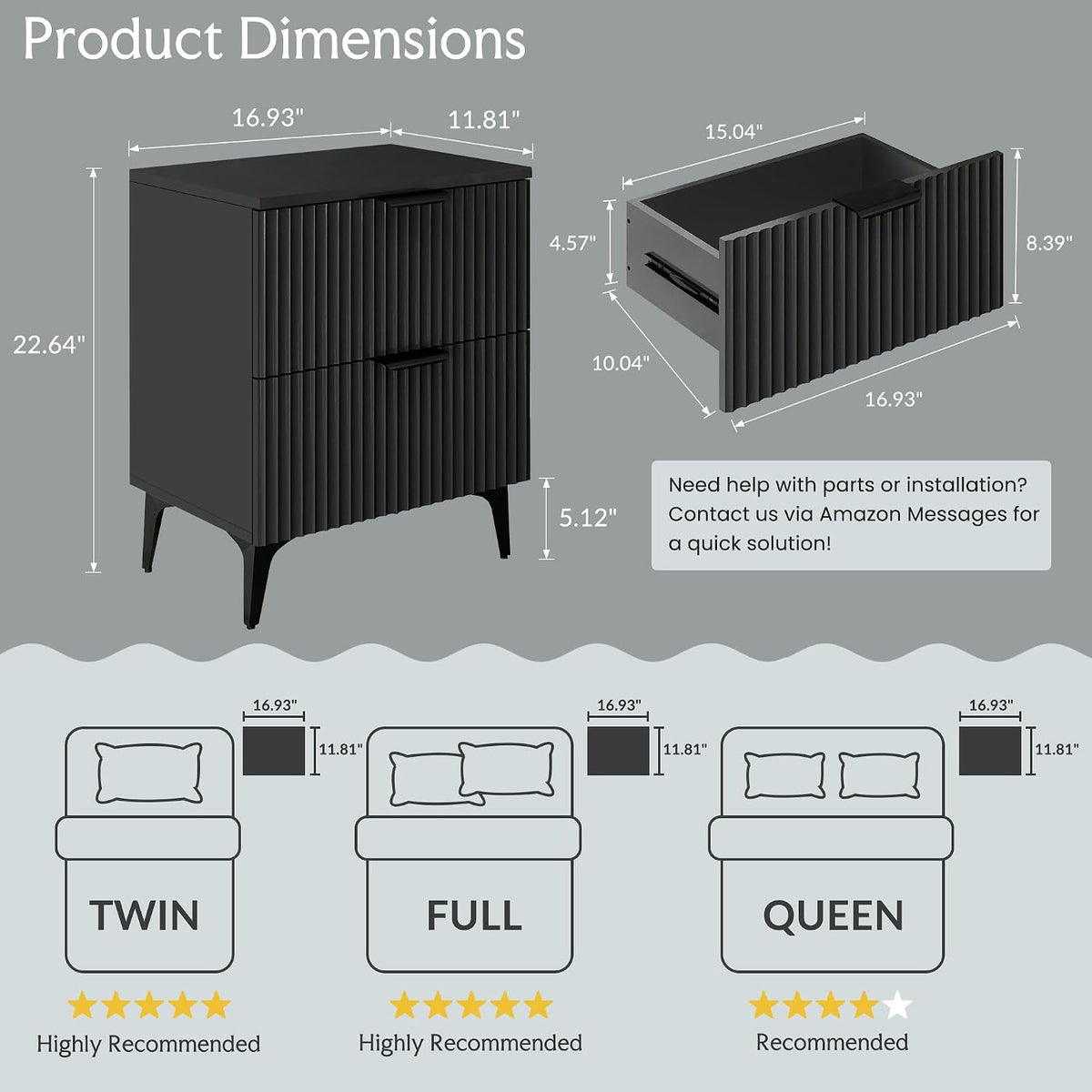 Wood Nightstand Set of 2, Fluted Bedside Tables with 2 Drawers