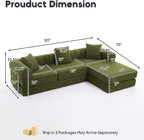 L Shaped Modular Sofa Bed with Cylindrical Pillow & Reversible Chaise, Corduroy Folding Floor Convertible Sofa Couch Bed with Fixed-Shape Frame & Storage Pocket for Living Room, Green