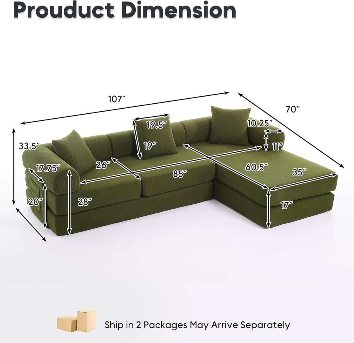 L Shaped Modular Sofa Bed with Cylindrical Pillow & Reversible Chaise, Corduroy Folding Floor Convertible Sofa Couch Bed with Fixed-Shape Frame & Storage Pocket for Living Room, Green
