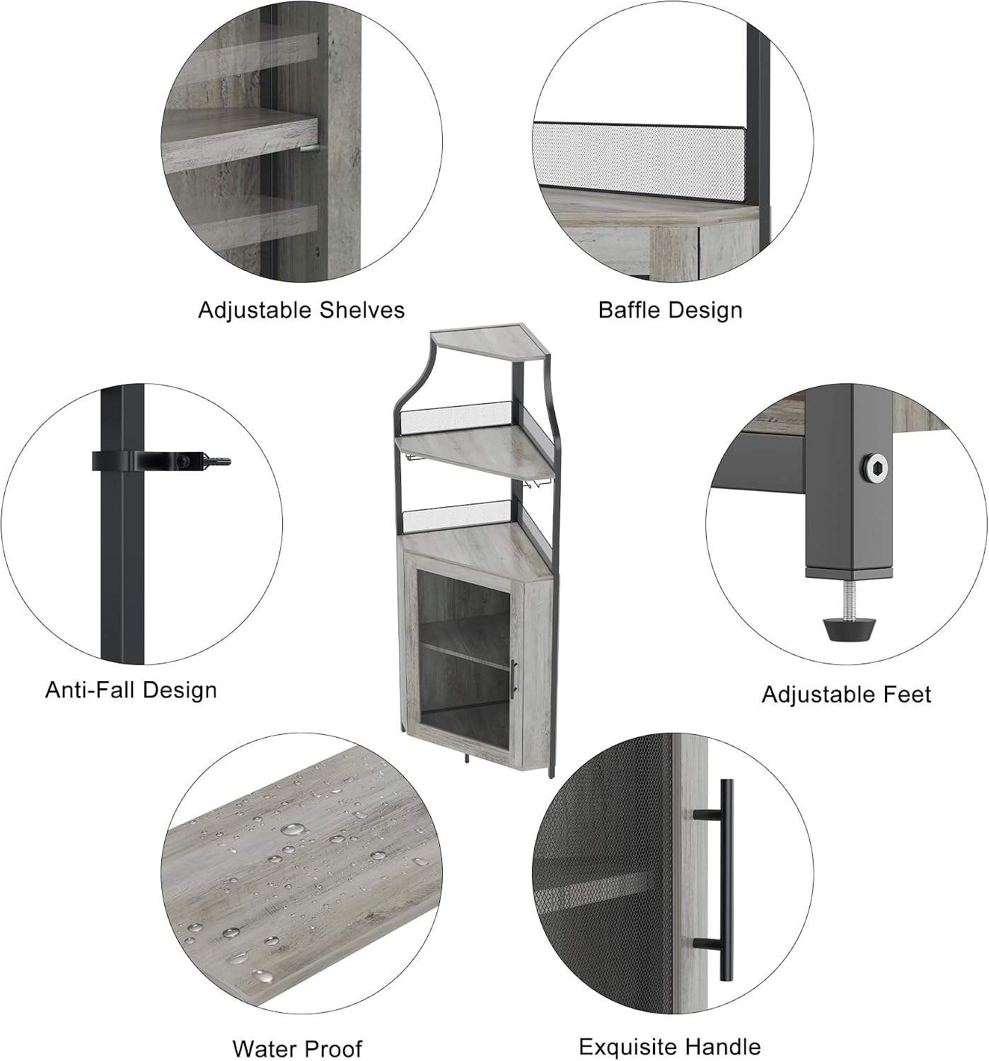 GAOMON Corner Bar Cabinet with LED Strip and Glass Holder, Industrial Wine Cabinet with Adjustble Shelf, 5-Tiers Liquor Cabinet Bar Cabinet for Home, Corner Display Cabinet for Small Space,Grey
