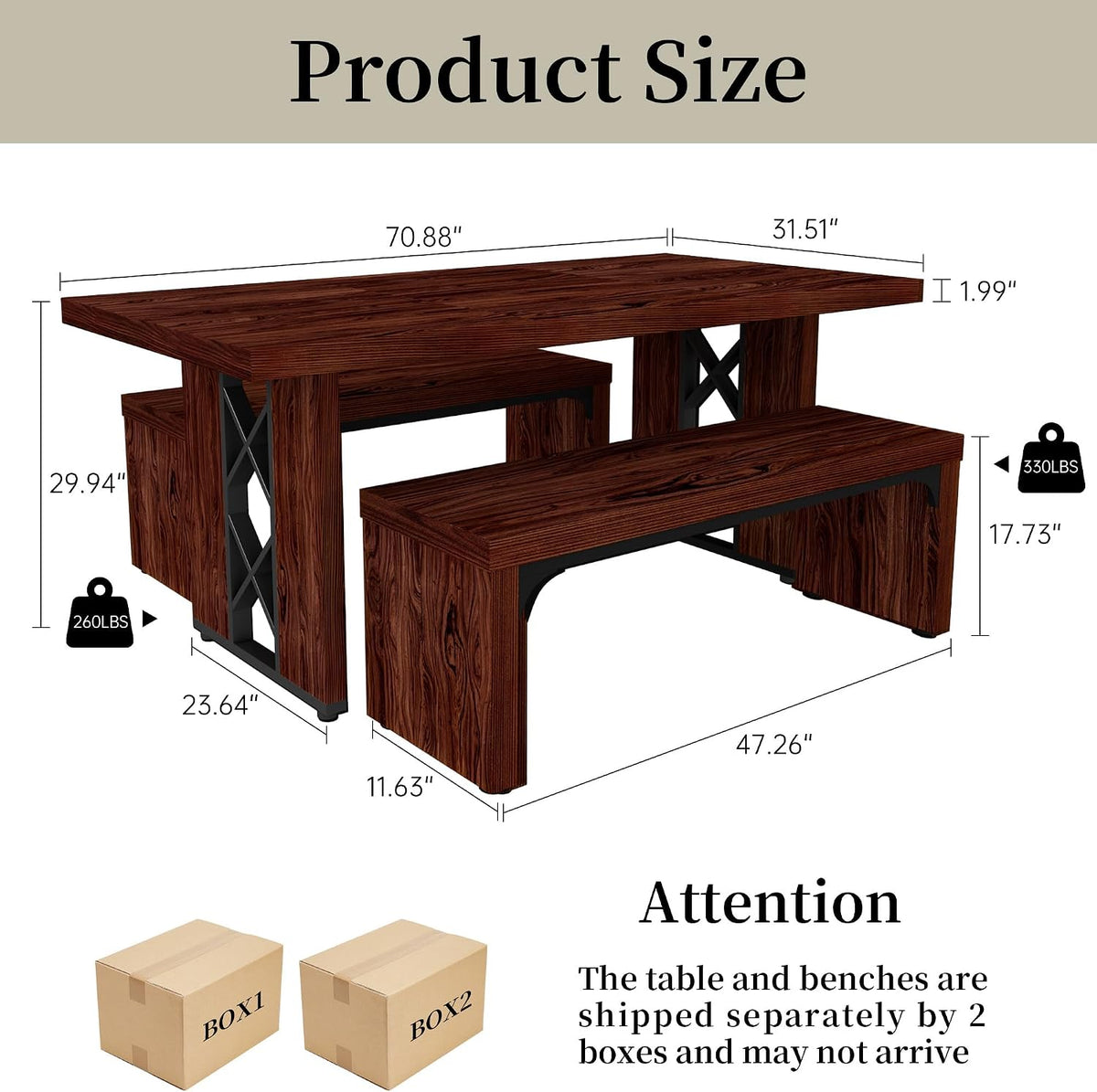 HIPIHOM 3-Piece Dining Table Set for 6 People, Walnut Table with 2 Benches | Thick MDF Tabletop, Rectangle Kitchen Table Set with Metal Legs for Breakfast Nook, Dining Room, Kitchen, Apartment
