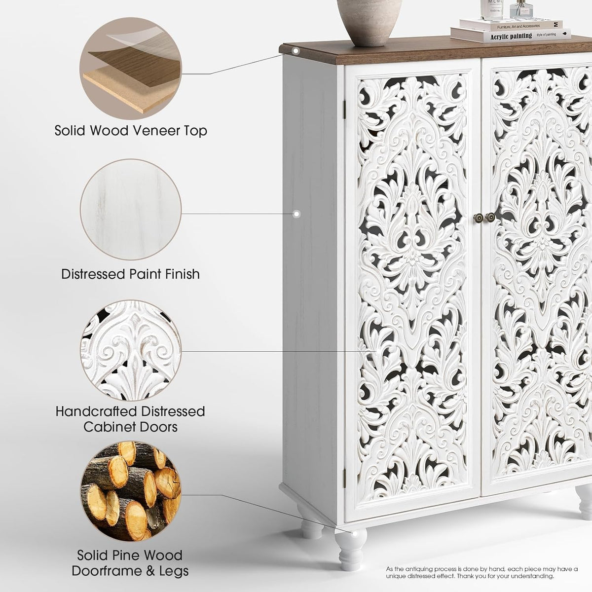 JOINICE 47" Tall Accent Cabinet with Carved Doors & Storage for Living Room | Vertical Storage, Carved Floral Design, Mandala White Buffet, Boho/Farmhouse/Rustic Style, Adjustable Shelves, Easy Assembly