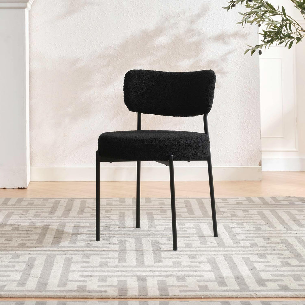 Black Boucle Dining Chairs Set of 2, Mid Century Modern Dining Room Chair with Curved Backrest & Metal Legs, Round Upholstered Dining Chairs for Kitchen, Living Room