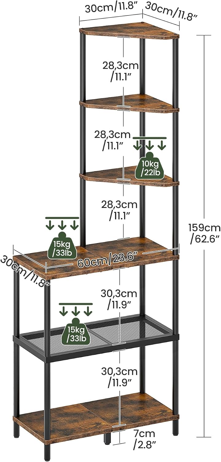 CHOEZON 6-Tier Corner Shelf, Industrial Corner Bookshelf with Desk Top, Diamond-Shaped Storage Shelves, Display Stand for Small Spaces, Living Room, Home Office, Foyer, Rustic Brown and Black TCJ70BF