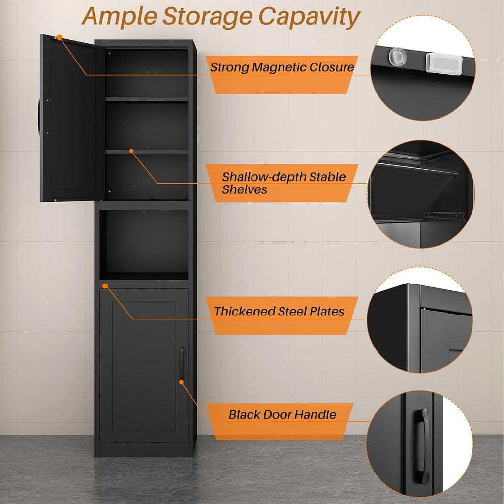 67" Tall Narrow Bathroom Storage Cabinet, Slim Metal Cabinet with Doors and Adjustable Shelves, Freestanding Pantry Organizer for Small Spaces, Bathroom, Kitchen, Laundry Room, Living Room, Black