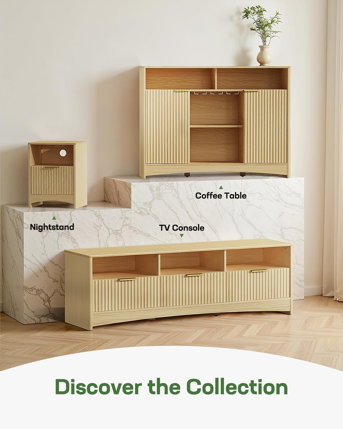 Marsail Fluted Nightstand with Charging Station, Adjustable Bedside Table with USB & AC Ports, 1 Drawer End Table, Wood Grain Finish, Sleek Wide Handle, Perfect for Bedroom, Natural Oak